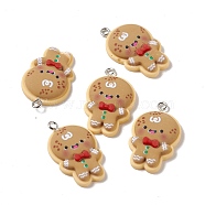 Christmas Theme Opaque Resin Pendants, with Platinum Tone Iron Findings, Gingerbread Man, Tan, 30x18x5.5mm, Hole: 2mm(FIND-E025-04)