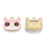 Light Gold Plated Alloy Kitten Pendants, with Enamel, Cat Head Shape, Pink, 13.5x16x3mm, Hole: 2mm(X-ENAM-T009-41B)