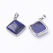Natural Lapis Lazuli Pendants, with Brass Findings, Rhombus, Platinum, 25x29x7mm, Hole: 5x7mm, 18x18mm(G-E420-05P)