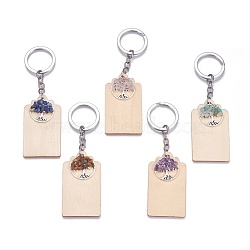 Wood Keychain, with Natural Mixed Gemstone Chip Beads, Brass Jump Rings and Alloy Pendants, Rectangle and Flat Round with Tree of Life, 126mm, Rectangle: 68x38.5x2mm, Tree: 28x25.5x5~6mm(KEYC-JKC00186-M)