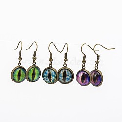 Trendy Antique Bronze Brass Dragon Eye Printed Glass Dangle Earrings, with Brass Earring Hooks, Midnight Blue, 33mm, Pin: 0.6mm(EJEW-JE01479)