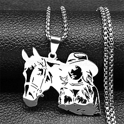 Horse & Cowboy 304 Stainless Steel Hollow Pendant Necklaces for Men Women, Box Chain Necklaces, Stainless Steel Color, 23.46 inch(59.6cm)(NJEW-K283-15P)