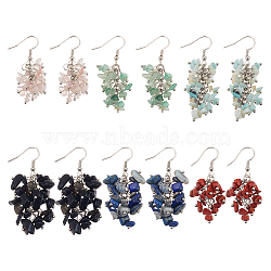 ANATTASOUL 6 Pairs 6 Styles Natural Mixed Gemstone Chips Cluster Earrings, Brass Long Dangle Earrings, 50.5~52mm, 1 Pair/style(EJEW-AN0004-78)