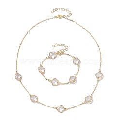 Glass Flower Links Bracelets & Necklaces Kits, Brass Cable Chains Jewelry for Women, Golden, Bracelet: 9-3/8 inch(23.8cm) long, Necklace: 20-5/8 inch(52.3cm) long(SJEW-JS01293)