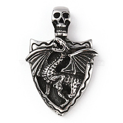 304 Stainless Steel Pendants, Skull & Dragon Charm, Antique Silver, 48x31x13mm, Hole: 5x3.5mm(STAS-A083-02AS)
