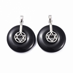 Natural Obsidian Pendants, for Jewish, with Platinum Tone Brass Findings, Donut/Pi Disc with Star of David, 35.5x30x8.5~9.5mm, Hole: 4.5x6.5mm(G-F640-A06)