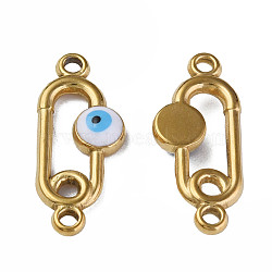 304 Stainless Steel Enamel Connector Charms, Golden, Oval with Evil Eye, White, 23x10x3mm, Hole: 1.6mm(STAS-N087-63-02G)