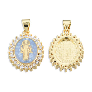 Brass Micro Pave Clear Cubic Zirconia Pendants, with Enamel and Shell, Real 18K Gold Plated, Nickel Free, Oval with Saint, Light Sky Blue, 19.5x14.5x4mm, Hole: 3x4mm