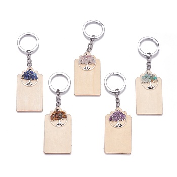 Wood Keychain, with Natural Mixed Gemstone Chip Beads, Brass Jump Rings and Alloy Pendants, Rectangle and Flat Round with Tree of Life, 126mm, Rectangle: 68x38.5x2mm, Tree: 28x25.5x5~6mm