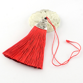 Polyester Tassel Pendant Decorations with Antique Silver CCB Plastic Findings, Red, 80x20x11mm