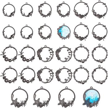 28Pcs 7 Style Ocean Series Zinc Alloy Pendants, for DIY Pendant Making, Ring & Starfish & Ring & Dolphin & Wave, Gunmetal, 37.5~41x34~39x3.5~5mm, Hole: 2mm, 4pcs/style