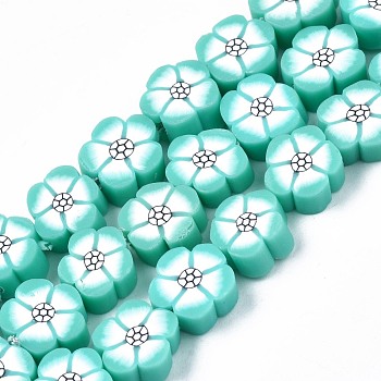 Handmade Polymer Clay Beads Strands, Flower, Turquoise, 8~10.5x8~10x4~5mm, Hole: 1.2mm, about 36~39pcs/strand, 12.40 inch~ 14.17inch(31.5cm~36mm)