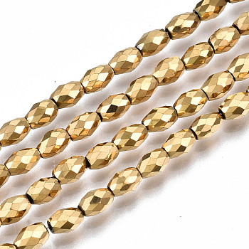 Electroplate Non-magnetic Synthetic Hematite Beads Strands, Faceted, Barrel, Real 18K Gold Plated, 5x3mm, Hole: 1mm, about 83~88pcs/strand, 15.35 inch~15.75 inch(39cm~40cm)