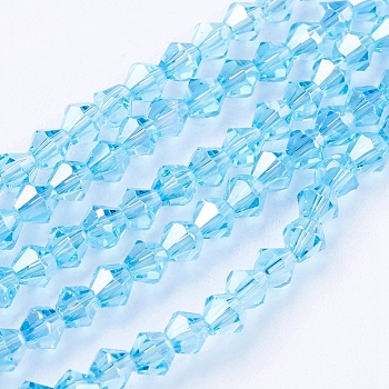 Glass Beads Strands, AB Color Plated, Faceted, Bicone, Deep Sky Blue, 4x4mm, Hole: 1mm, about 92~96pcs/strand, 13.78~14.37 inch