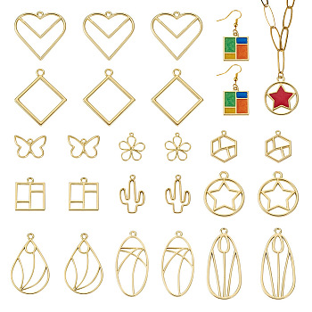 44Pcs 11 Styles Rack Plating Alloy Open Back Bezel Pendants, For DIY UV Resin, Epoxy Resin, Pressed Flower Jewelry, Cadmium Free & Nickel Free & Lead Free, Mixed Shapes, Light Gold, 16~33.5x15.5~29x1~2mm, Hole: 1.2~3mm, 4pcs/style