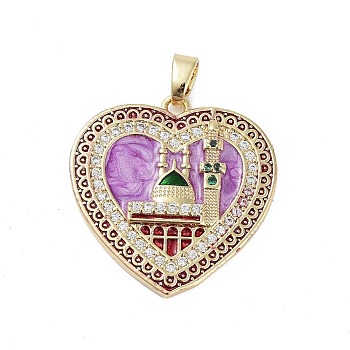 Rack Plating Brass Micro Pave Clear Cubic Zirconia Pendants, with Enamel, Long-Lasting Plated, Lead Free & Cadmium Free, Heart with Castle Charms, Violet, 28x27.5x4mm, Hole: 3.5x5mm