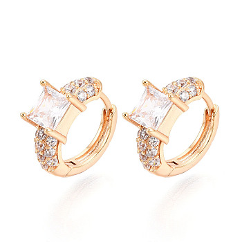 Brass Micro Pave Clear Cubic Zirconia Square Hoop Earrings, Real 18K Gold Plated, 13.5x16x6mm