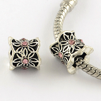 Antique Silver Plated Alloy Rhinestone Large Hole European Beads, Column with Flower, Light Rose, 9x10mm, Hole: 5mm