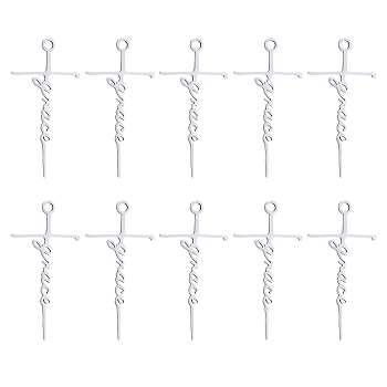 304 Stainless Steel Pendants, Cross with Word Grace Charm, Stainless Steel Color, 39.3x19.7mm