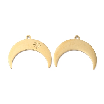 Ion Plating(IP) 316L Surgical Stainless Steel Pendants, Crescent Moon/Double Horn with Star Charm, Textured, Real 18K Gold Plated, 18x22x1mm, Hole: 1.4mm
