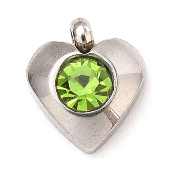 304 Stainless Steel Charms, with Acrylic Rhinestone, Faceted, Birthstone Charms, Heart, Stainless Steel Color, Peridot, 8.2x7.2x3.2mm, Hole: 1mm