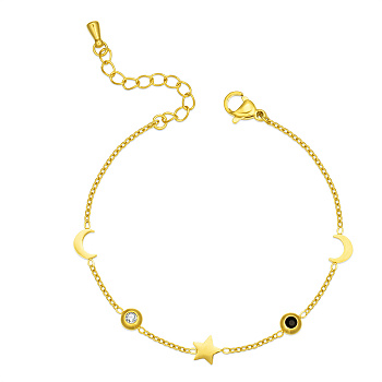 Elegant Golden Plated Stainless Steel Rhinestoen Moon and Star Link Bracelets