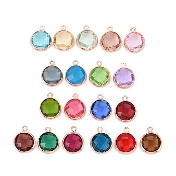 Glass Charms, with Rose Gold Plated Brass Findings, Long-Lasting Plated, Lead Free & Nickel Free & Cadmium Free, Faceted Flat Round, Mixed Color, 9x7x3mm, Hole: 1mm