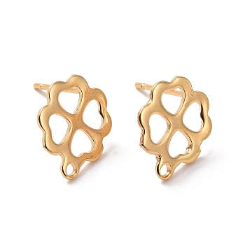 201 Stainless Steel Stud Earring Findings, with Horizontal Loop and 316 Stainless Steel Pin, Clover, Real 24K Gold Plated, 12.5x10.5mm, Hole: 1.2mm, Pin: 0.7mm