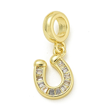 Rack Plating Brass Pave Clear Cubic Zirconia U Shape/Horse Shoes European Dangle Charms, Large Hole Pendants, Lead Free & Cadmium Free, Long-Lasting Plated, Real 18K Gold Plated, 12.5x11.5x2.2mm, Hole: 4.6mm