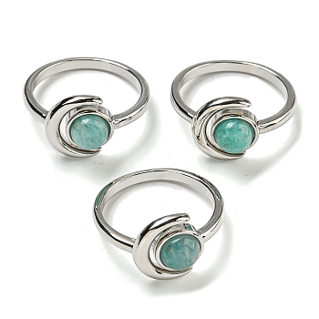 Natural Amazonite Adjustable Rings, with Platinum Brass Findings, Long-Lasting Plated, Jewely for Women, Moon with Round, US Size 8(18.1mm).