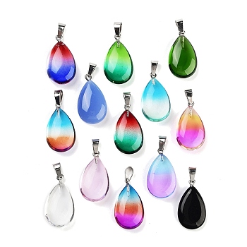 Glass Pendants, with Stainless Steel & Iron Findings, Teardrop, Mixed Color, 27.5x15.5x8mm, Hole: 6.5x3.5mm