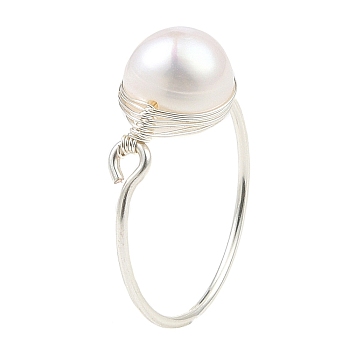 Natural Pearl Braided Bead Finger Ring, Silver Copper Wire Wrap Ring for Women, White, Inner Diameter: 18.8mm