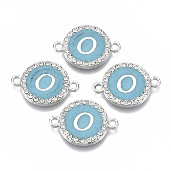 Alloy Enamel Links Connectors, with Crystal Rhinestones, Flat Round with Letter, Silver Color Plated, Letter.O, 22x16x2mm, Hole: 1.8mm