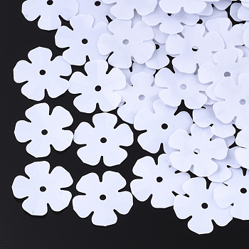 Ornament Accessories, PVC Plastic Paillette/Sequins Beads, Flower, White, 13.5~14x13.5~14x0.6mm, Hole: 1.4mm, about 1000pcs/50g