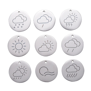 9 Style 304 Stainless Steel Weather Pendants, Laser Cut, Flat Round, Stainless Steel Color, 20mm,  1pc/style, 9pcs/box