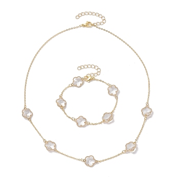Glass Flower Links Bracelets & Necklaces Kits, Brass Cable Chains Jewelry for Women, Golden, Bracelet: 9-3/8 inch(23.8cm) long, Necklace: 20-5/8 inch(52.3cm) long