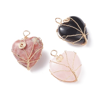 Natural & Synthetic Gemstone Pendants, with Copper Wire Wrapped, Heart, Real 18K Gold Plated, 41.5x31.5x16.5mm, Hole: 5mm