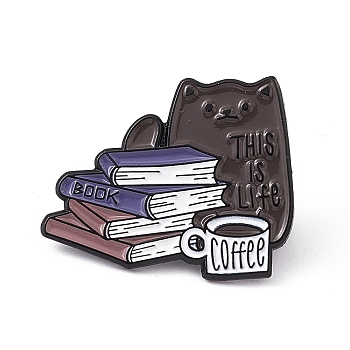 This Is Life Book Coffee Enamel Pin, Electrophoresis Black Alloy Brooch for Cat Person, Coffee Pattern, 25x31x2mm, Pin: 1.3mm