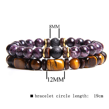 Men's Double-layered Tiger Eye Stone Beaded Bracelet Set - Natural Gemstone Jewelry, Mixed Color, size 4