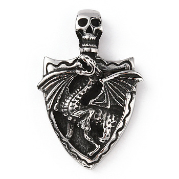 304 Stainless Steel Pendants, Skull & Dragon Charm, Antique Silver, 48x31x13mm, Hole: 5x3.5mm