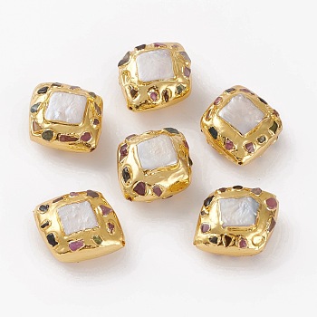 Natural Pearl Beads with Tourmaline, and Golden Brass Findings, Rhombus, 31~32x26.5~27.5x13.5~14.5mm, Hole: 1.2mm