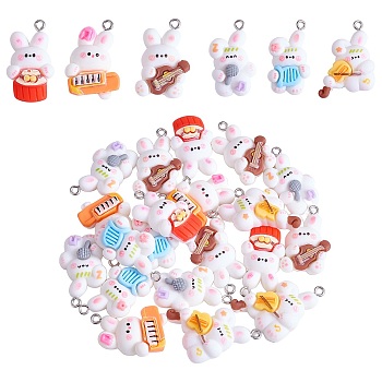 30Pcs 6 Styles Music Theme Opaque Resin Pendants, with Platinum Tone Iron Loops, Rabbit Charm with Musical Instruments, Mixed Color, 27~29x16~22x7~8mm, hole: 2mm, 5pcs/style