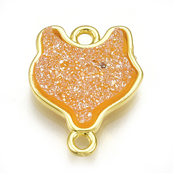 Electroplate Druzy Resin Links connectors, with Brass Findings, Fox, Golden, Orange, 17.5x14x3mm, Hole: 1.5mm