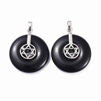 Natural Obsidian Pendants, for Jewish, with Platinum Tone Brass Findings, Donut/Pi Disc with Star of David, 35.5x30x8.5~9.5mm, Hole: 4.5x6.5mm