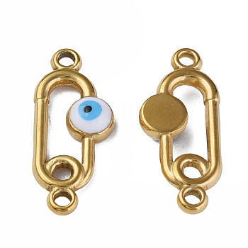 304 Stainless Steel Enamel Connector Charms, Golden, Oval with Evil Eye, White, 23x10x3mm, Hole: 1.6mm