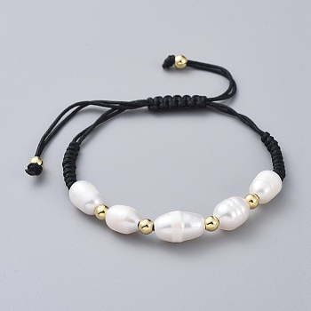 Braided Bead Bracelets, with Natural Cultured Freshwater Pearl Beads, Brass Beads and Nylon Thread, White, 1-1/8 inch~2-7/8 inch(3~7.8cm)