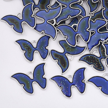 Alloy Painted Pendants, Changing Color Mood Charms, with Glitter Powder, Butterfly, Platinum, Royal Blue, 15.5x22x2mm, Hole: 1.8mm