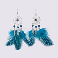 Alloy Dangle Earrings, with Brass Earring Hooks, Natural Apatite Round Beads and Chicken Feather Costume, Woven Net/Web with Feather, Dodger Blue, 140mm, Pin: 0.6mm, 120x50x8mm(EJEW-JE02709-01)