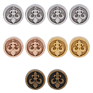 10Pcs 4 Colors 304 Stainless Steel Beads, Flat Round with Fleur De Lis, Mixed Color, 10x6mm, Hole: 1.6mm(STAS-DC0014-52)