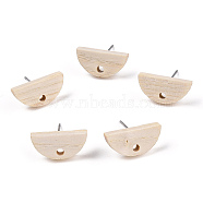 Ash Wood Stud Earring Findings, with 304 Stainless Steel Pin, Fan, 16x8mm, Hole: 1.8mm, Pin: 0.7mm(EJEW-N017-011N)